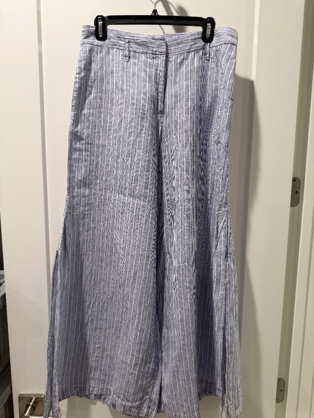 Elevenses Anthropologie Linen Wide Leg Stripe Pant 8P Blue & White Split Leg
